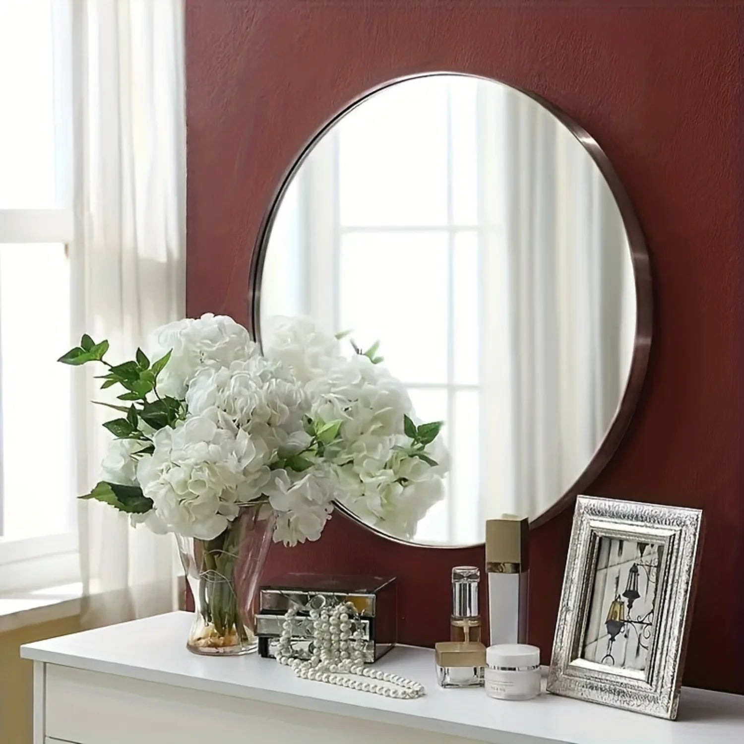 Round Stainless Steel Frame Wall Mounted Mirror for Bathroom and Bedroom Decor - Makeup Vanity Mirror with Glass, Bathroom Acces